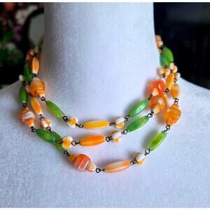 Vintage Polished Orange Carnelian & Green Agate Beaded Necklace 24" Boho Glows!